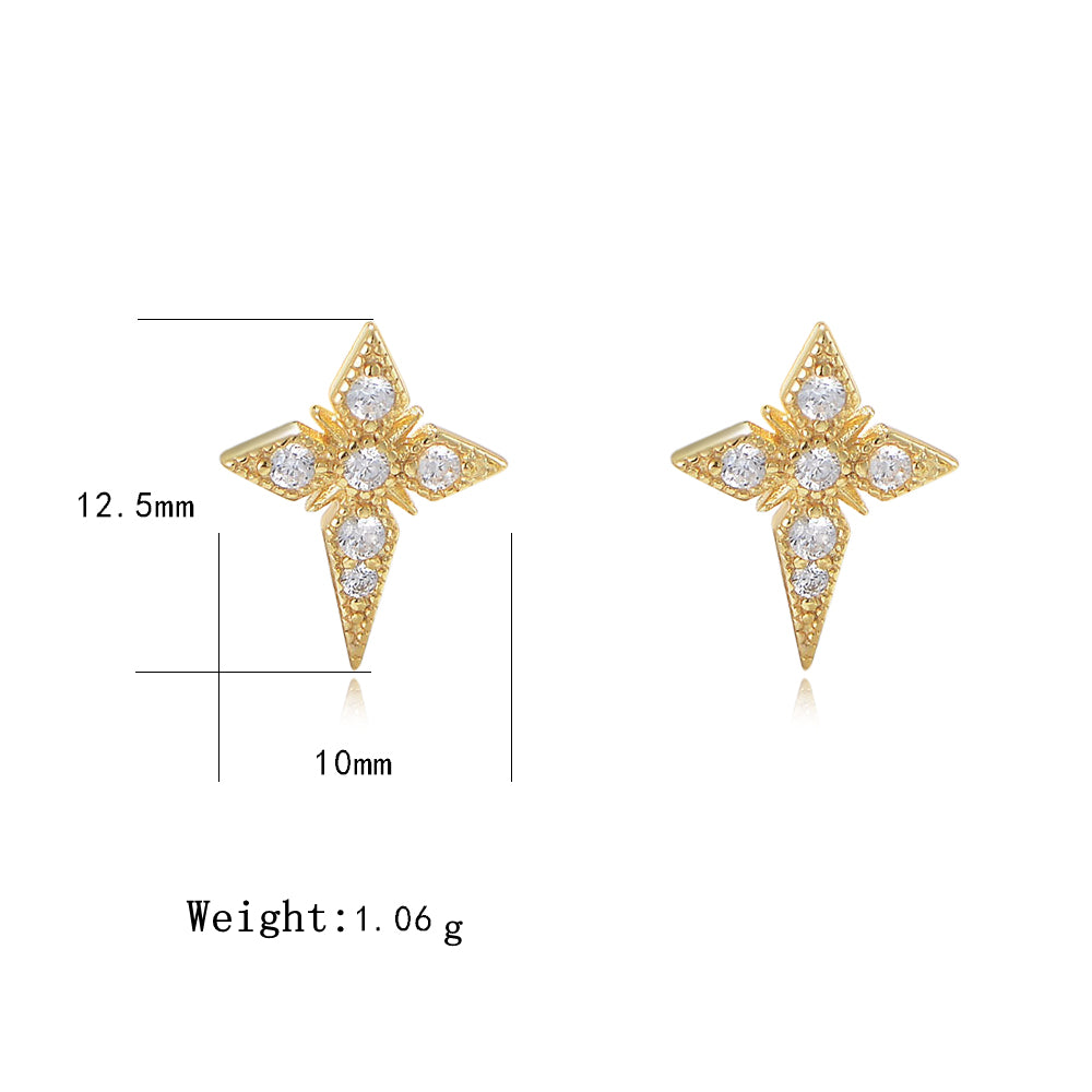 Gold Plated 925 Sterling Silver CZ Diamond Classic Cross Star Stud Earrings