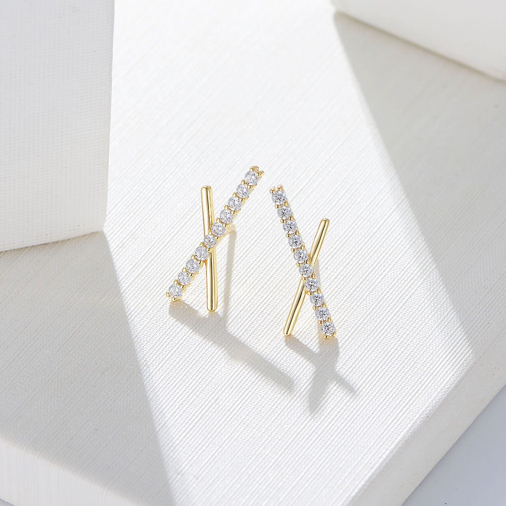 Minimalist CZ Long Bar Symmetric Cross X Stud Earrings