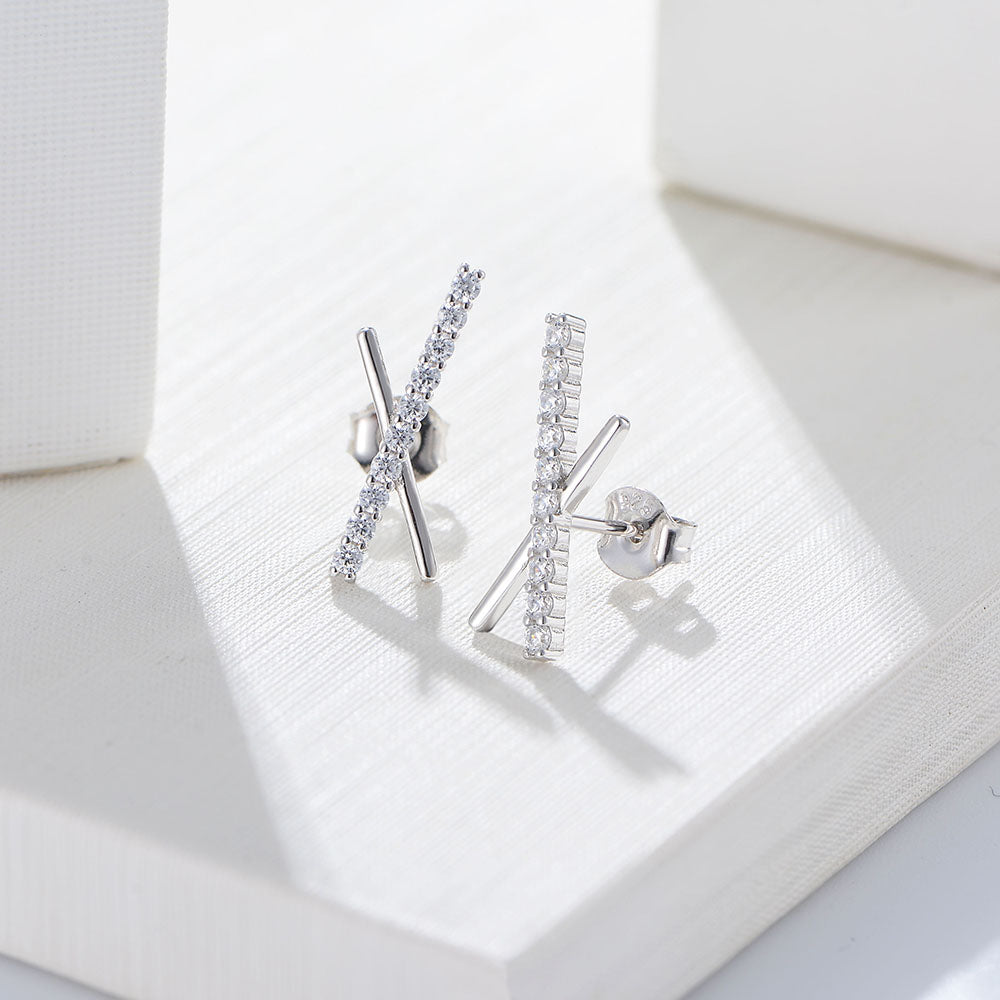 Minimalist CZ Long Bar Symmetric Cross X Stud Earrings