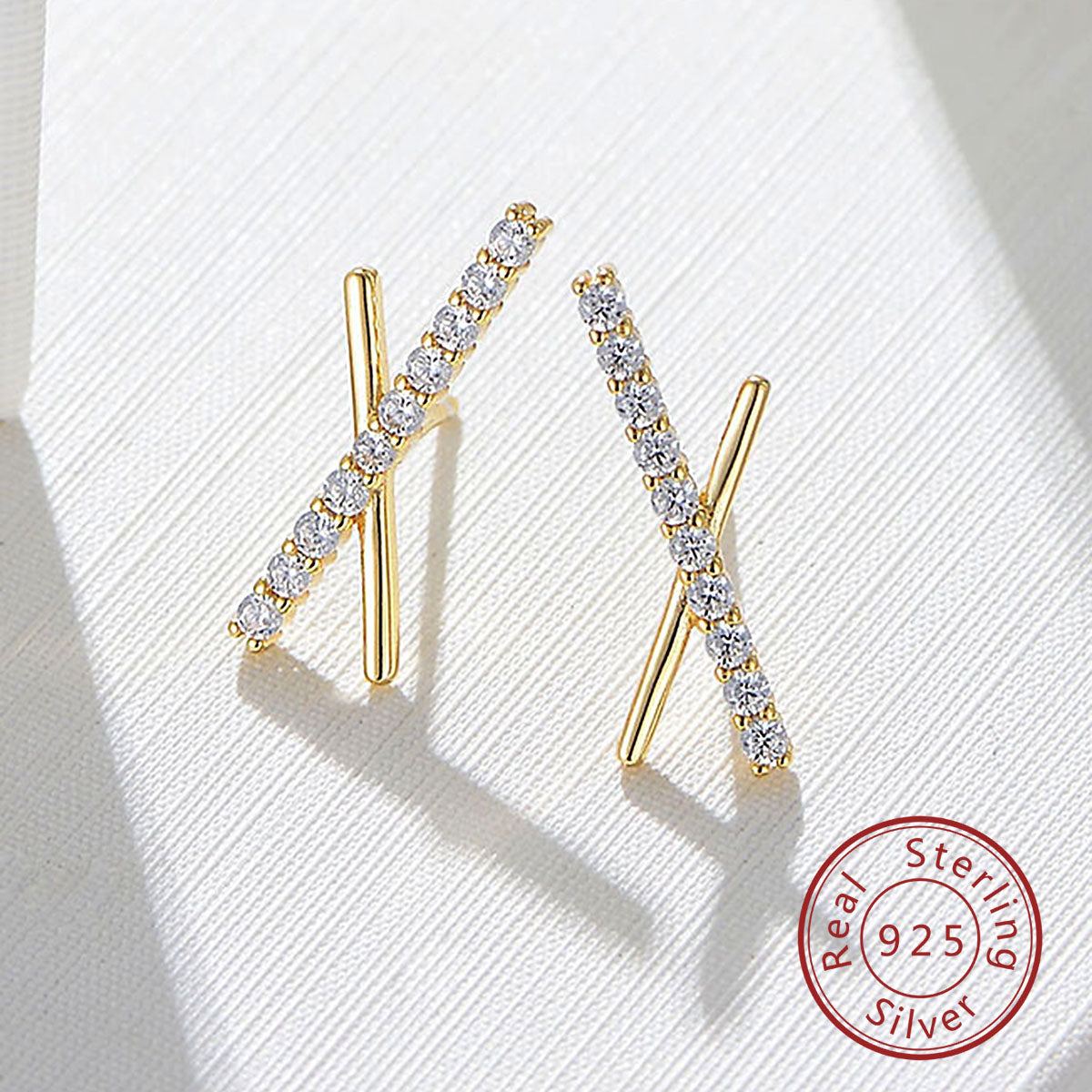 Minimalist S925 Sterling Silver CZ Long Bar Symmetric Cross X Stud Earrings