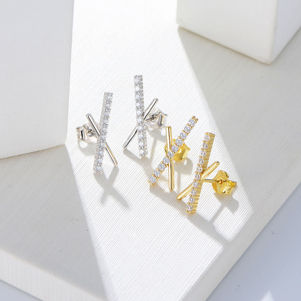 Minimalist CZ Long Bar Symmetric Cross X Stud Earrings
