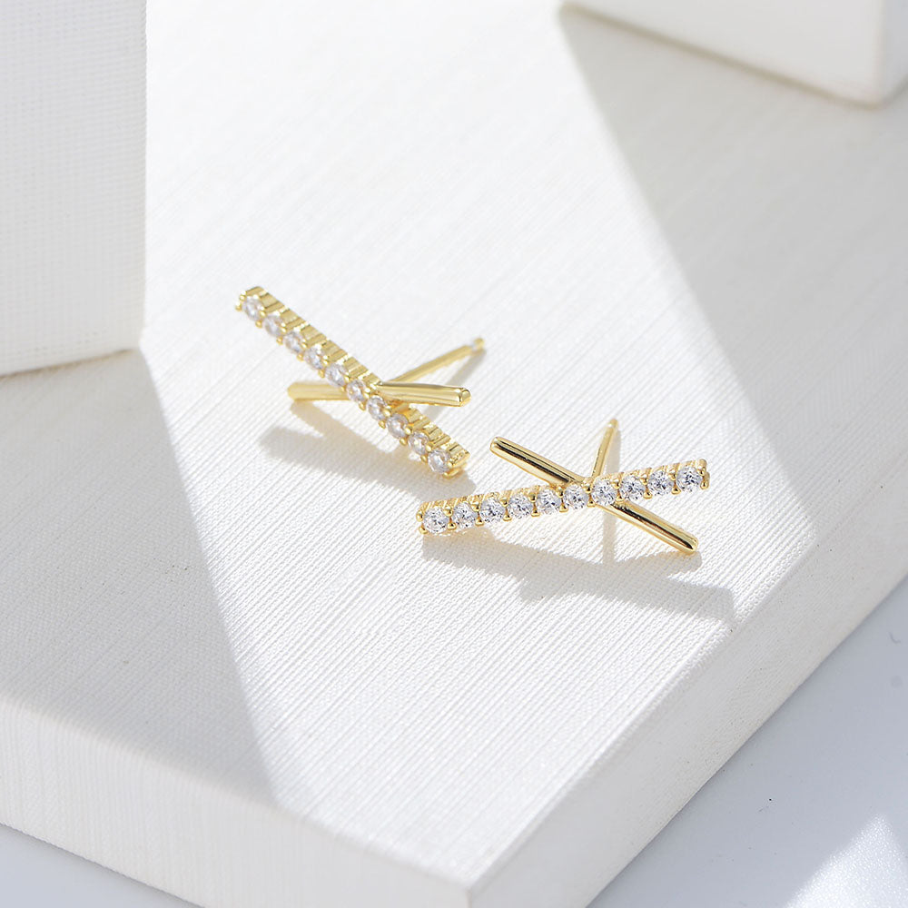 Minimalist CZ Long Bar Symmetric Cross X Stud Earrings