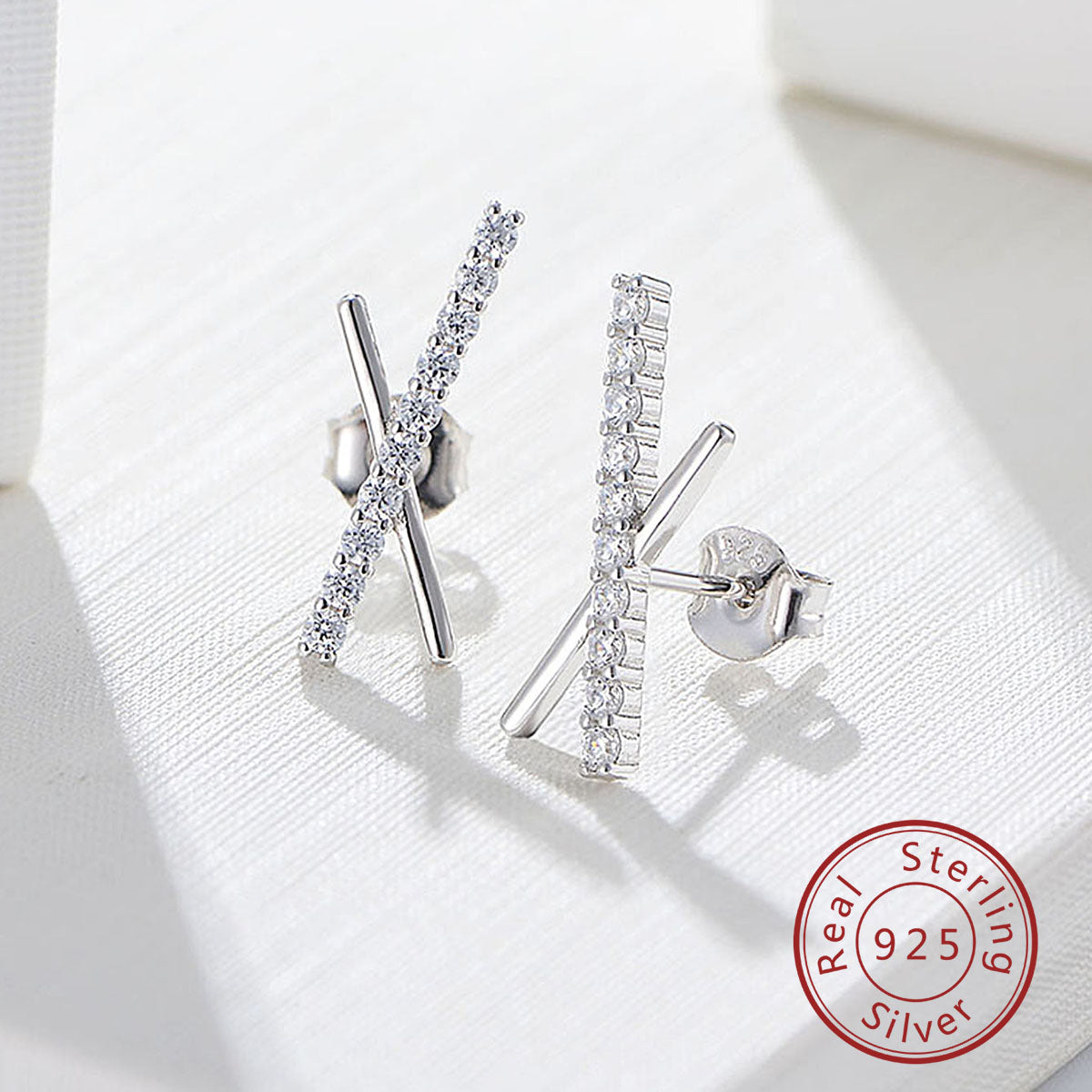 Minimalist CZ Long Bar Symmetric Cross X Stud Earrings