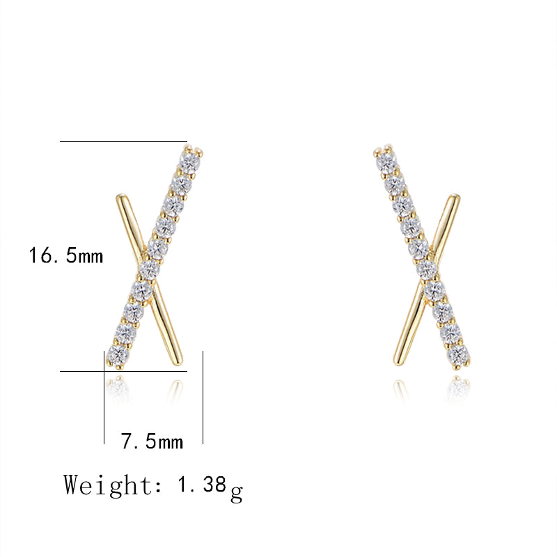 Minimalist S925 Sterling Silver CZ Long Bar Symmetric Cross X Stud Earrings