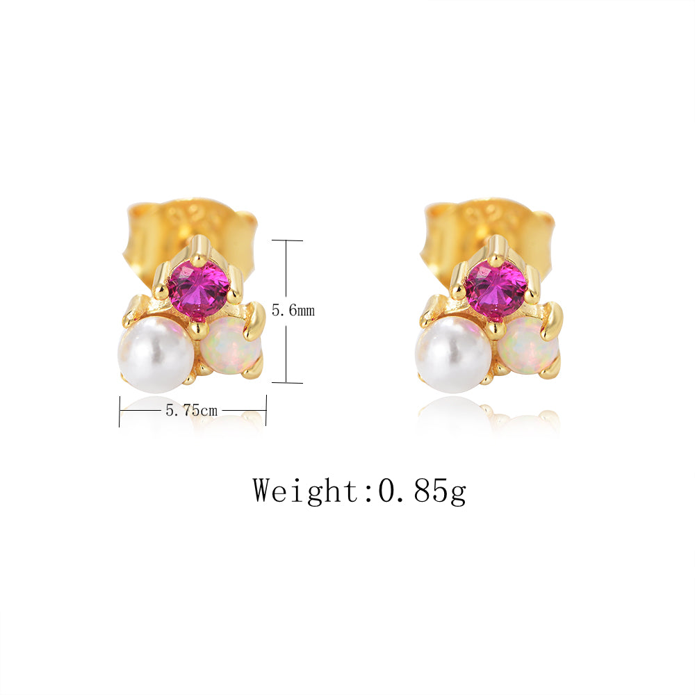 Simple 925 Silver Gold Plated CZ Pearl Opal Birthstone Stud Earrings