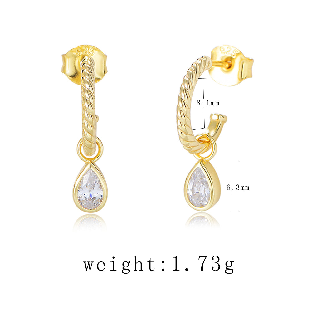 925 Sterling Silver Water Drop Cubic Zirconia Gold Plated Simple Rope Stripe Stud Earrings