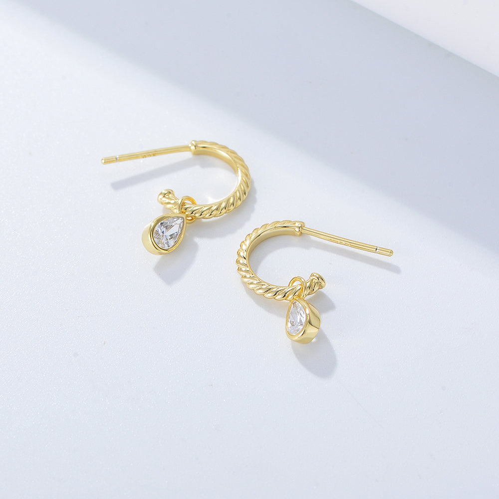925 Sterling Silver Water Drop Cubic Zirconia Gold Plated Simple Rope Stripe Stud Earrings