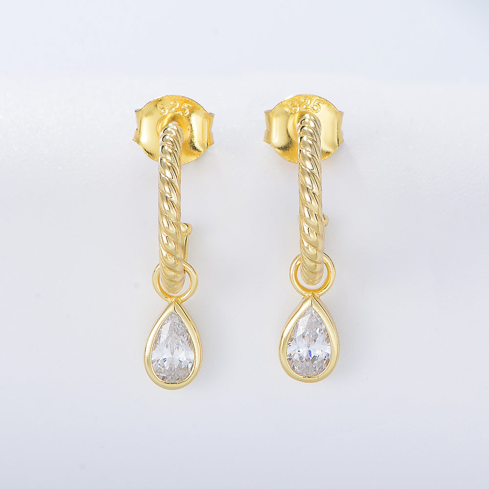 925 Sterling Silver Water Drop Cubic Zirconia Gold Plated Simple Rope Stripe Stud Earrings