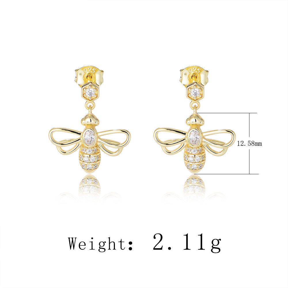 Cute Animal 925 Silver Gold Plated Bee Dangle Stud Earring