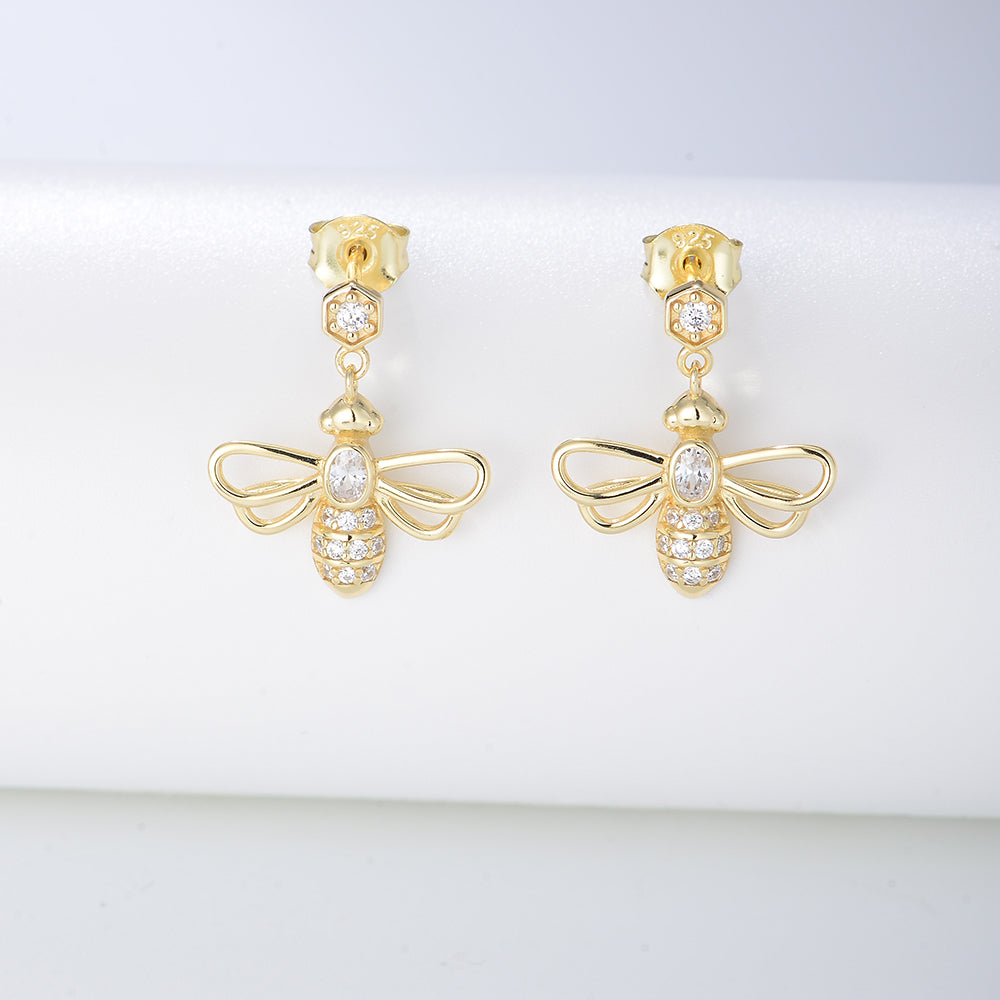 Cute Animal 925 Silver Gold Plated Bee Dangle Stud Earring