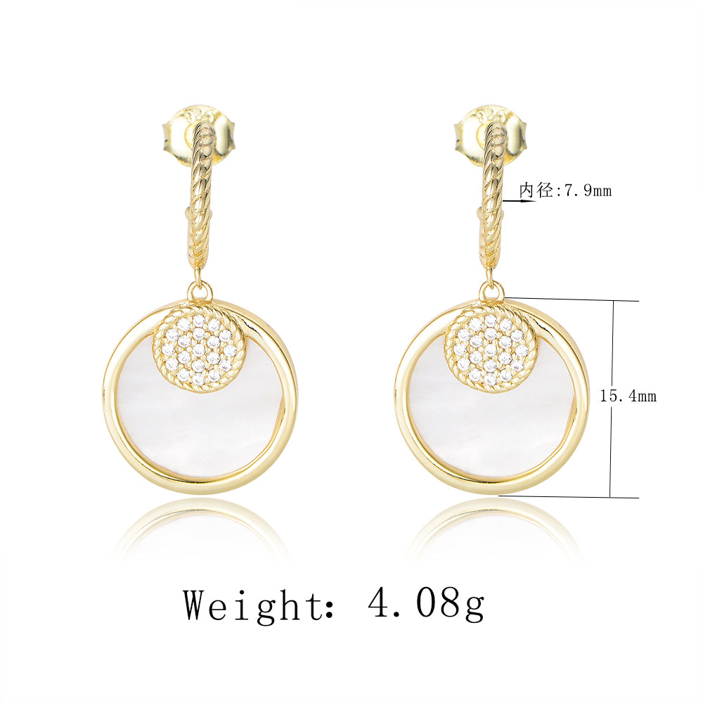 Fashion Women 14K Gold Plated Zircon Fan Shape Pearl Shell 925 Silver Charm Stud Earrings