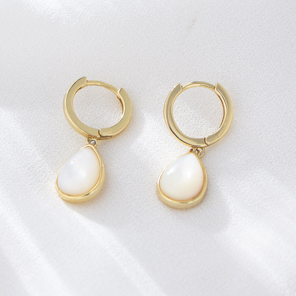 Simple Fashion 14K Gold Plated 925 Sterling Silver Waterdrop Pearl Shell Dangle Hoop Huggies Earring Jewelry