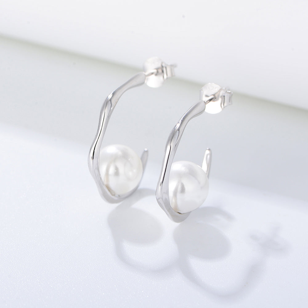 Fashion Luxury 925 Sterling C-Shape Round Mother of Pearl Earrings