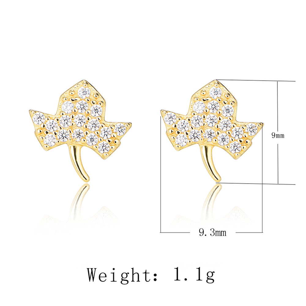 Classic Gold Plated 925 Sterling Silver Pave Zircon Maple Leaf Earrings