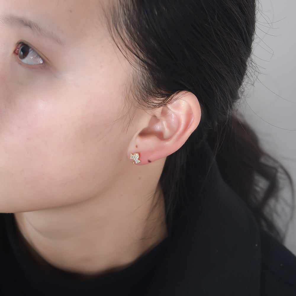 Classic Gold Plated Pave Zircon Maple Leaf Earrings