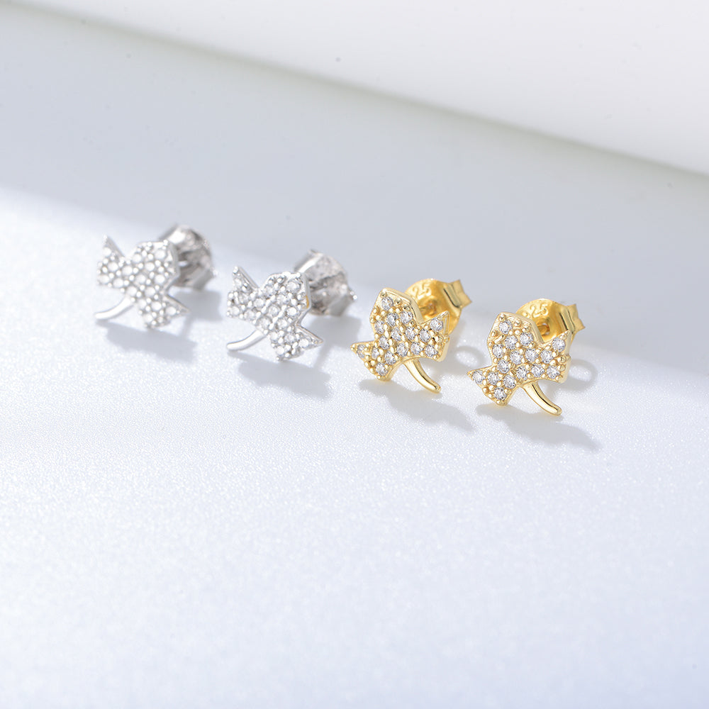 Classic Gold Plated Pave Zircon Maple Leaf Earrings