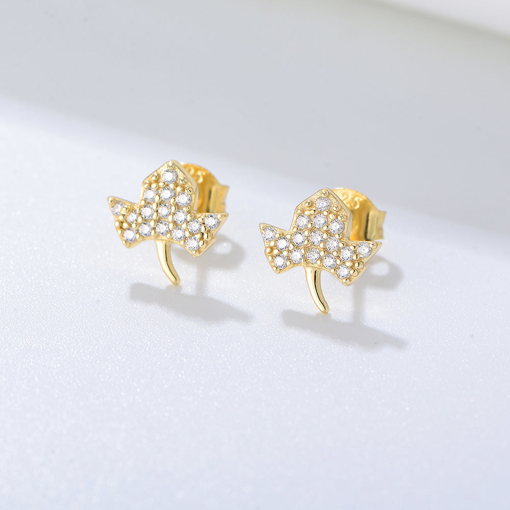Classic Gold Plated Pave Zircon Maple Leaf Earrings