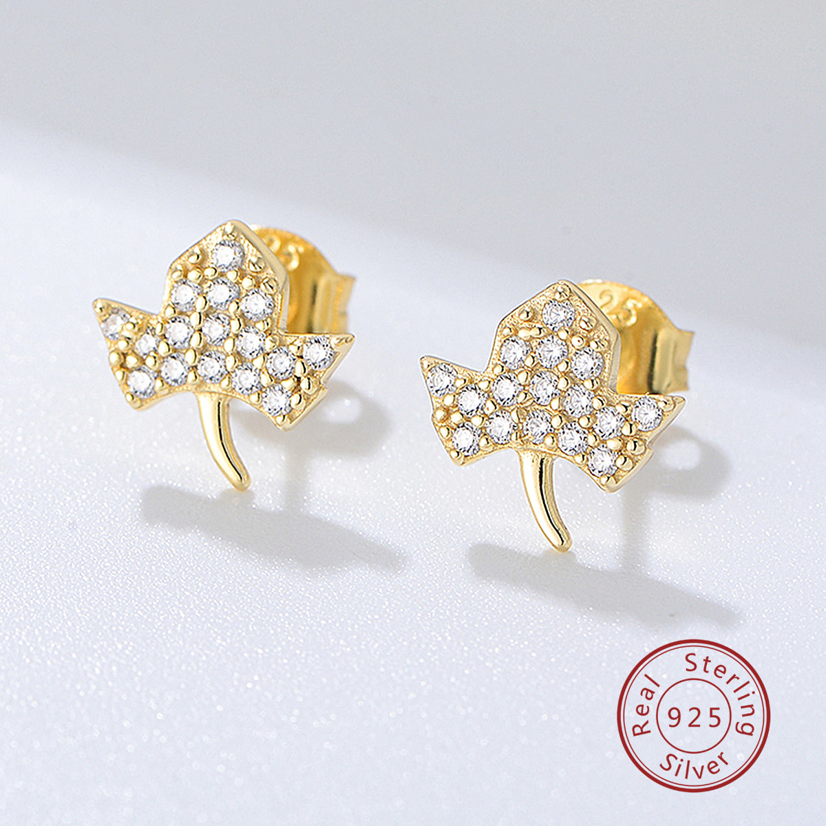 Classic Gold Plated 925 Sterling Silver Pave Zircon Maple Leaf Earrings