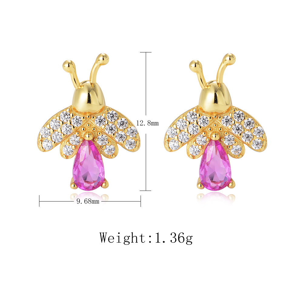 Gold Plated 925 Sterling Silver Rainbow Diamond CZ Bee Stud Earrings