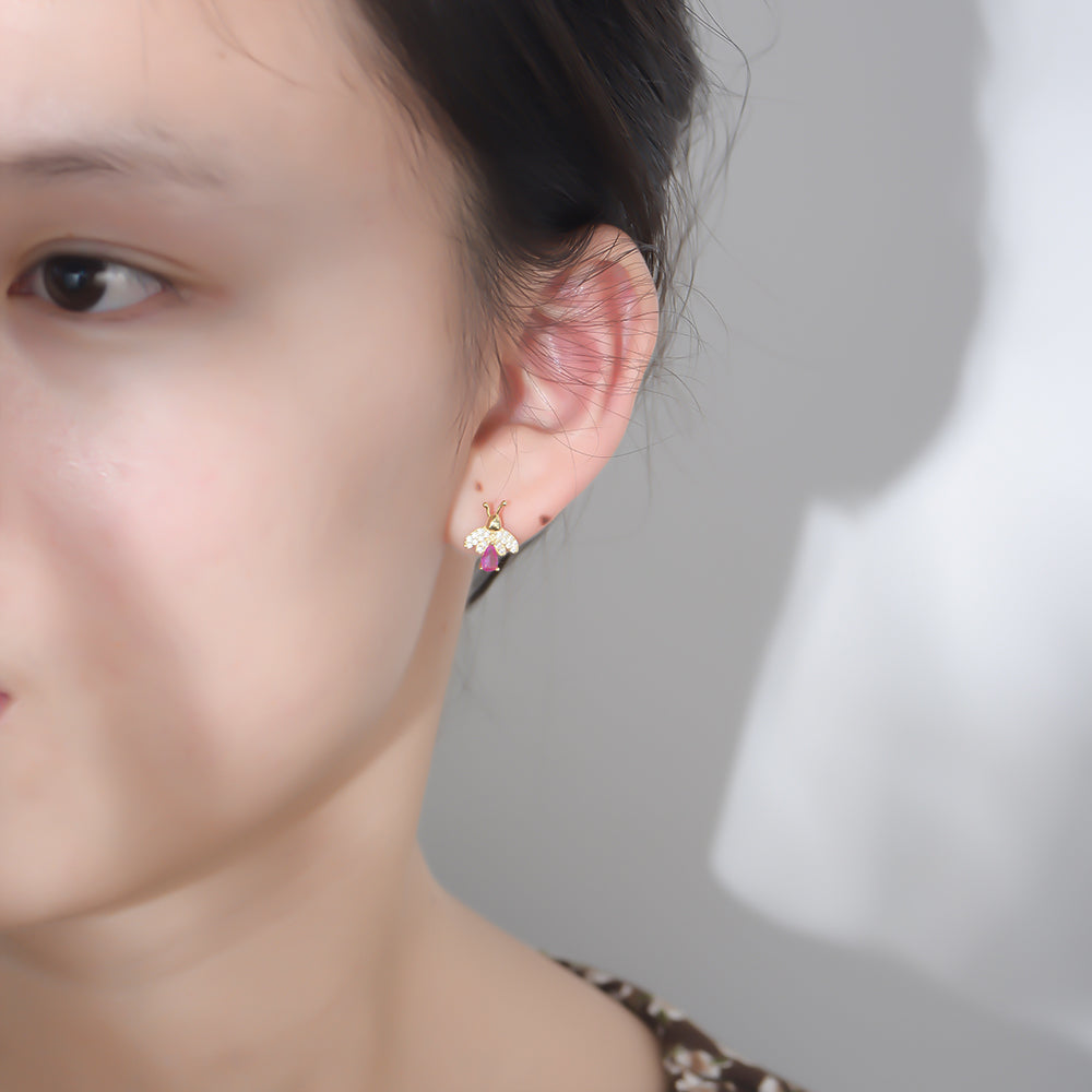 Gold Plated Rainbow Diamond CZ Bee Stud Earrings