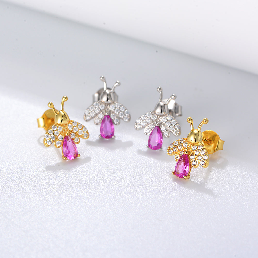 Gold Plated Rainbow Diamond CZ Bee Stud Earrings