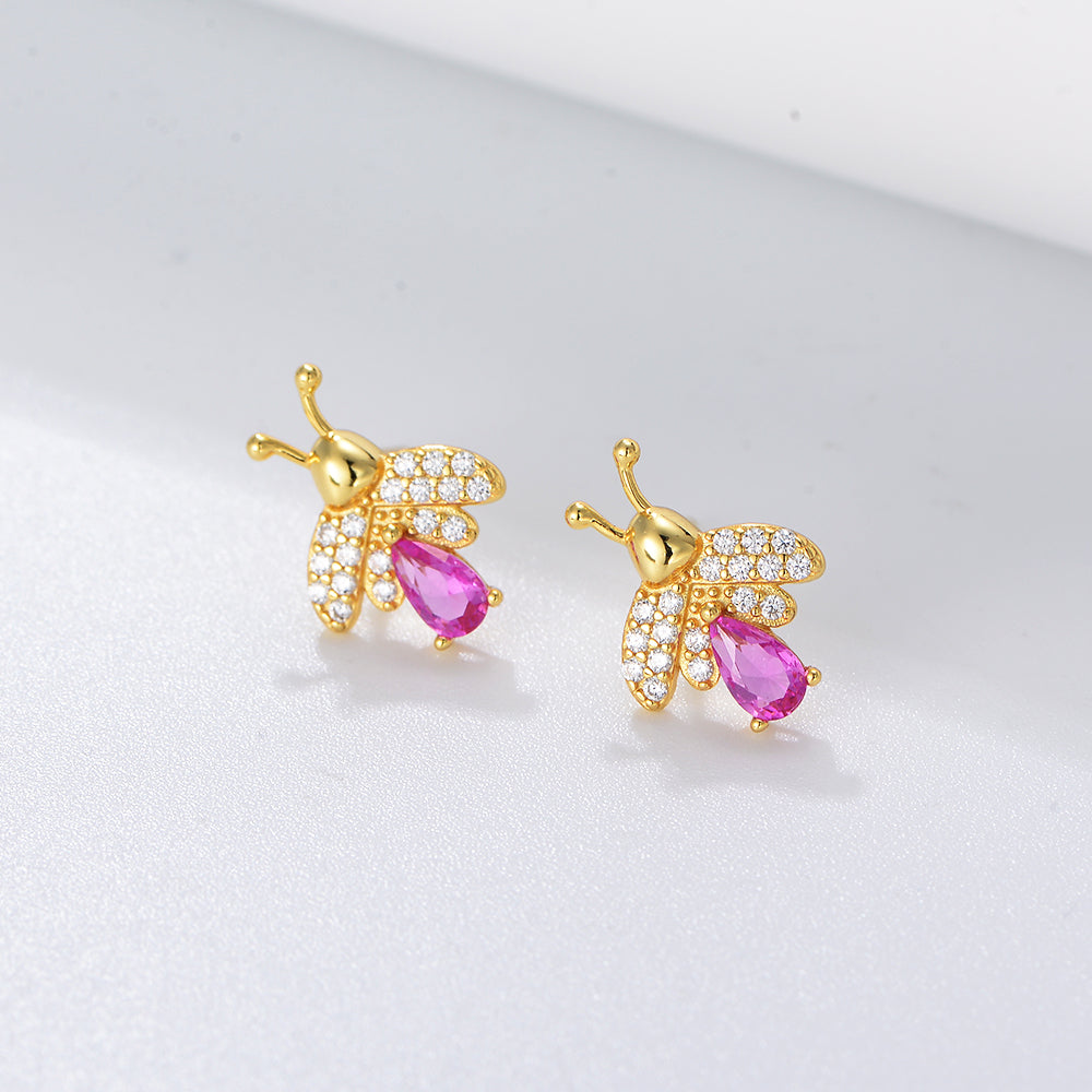 Gold Plated Rainbow Diamond CZ Bee Stud Earrings