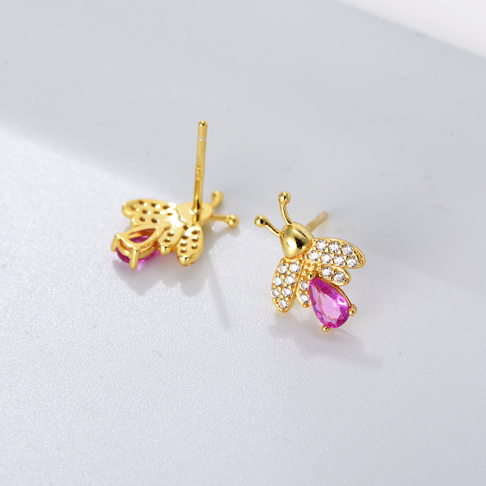 Gold Plated Rainbow Diamond CZ Bee Stud Earrings