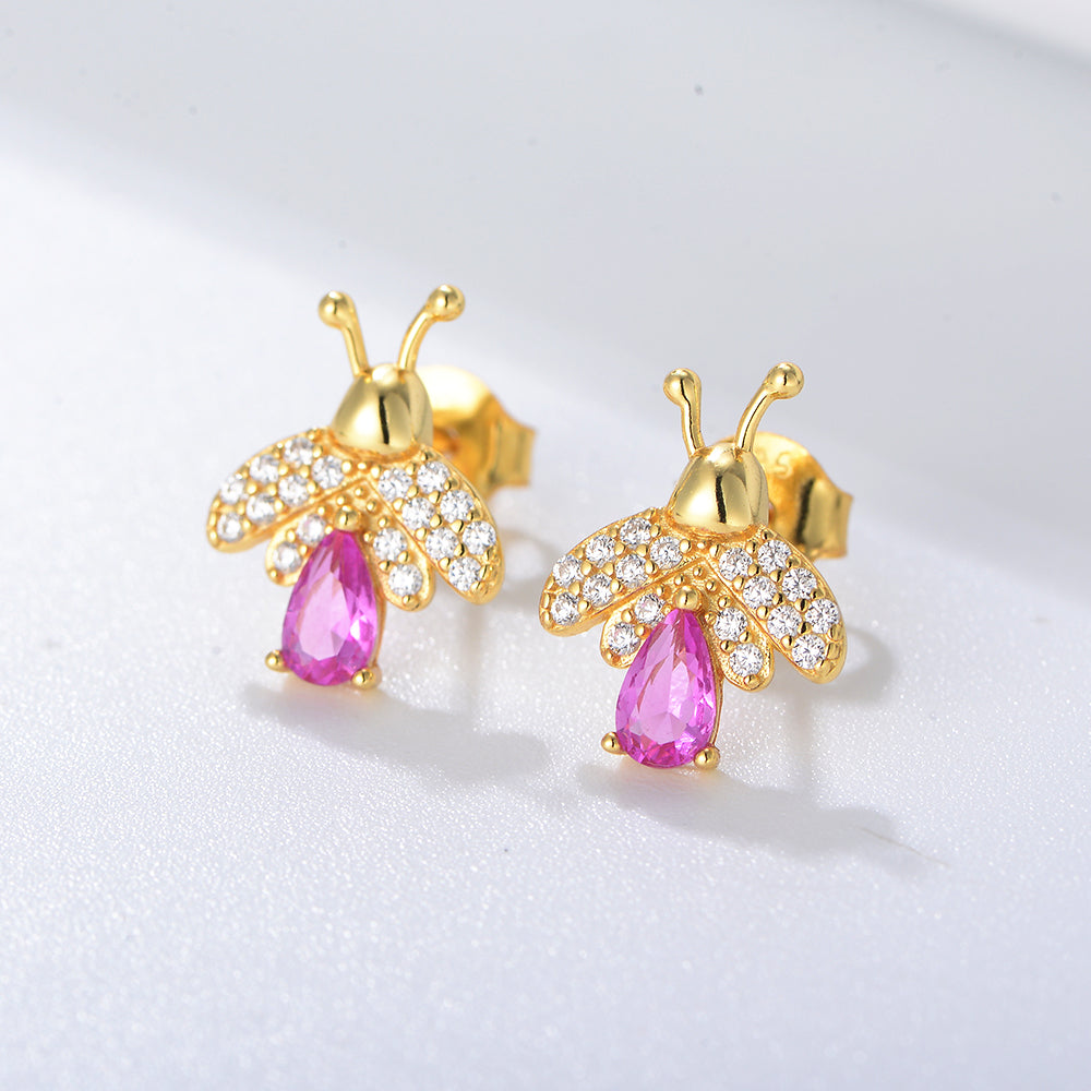 Gold Plated 925 Sterling Silver Rainbow Diamond CZ Bee Stud Earrings