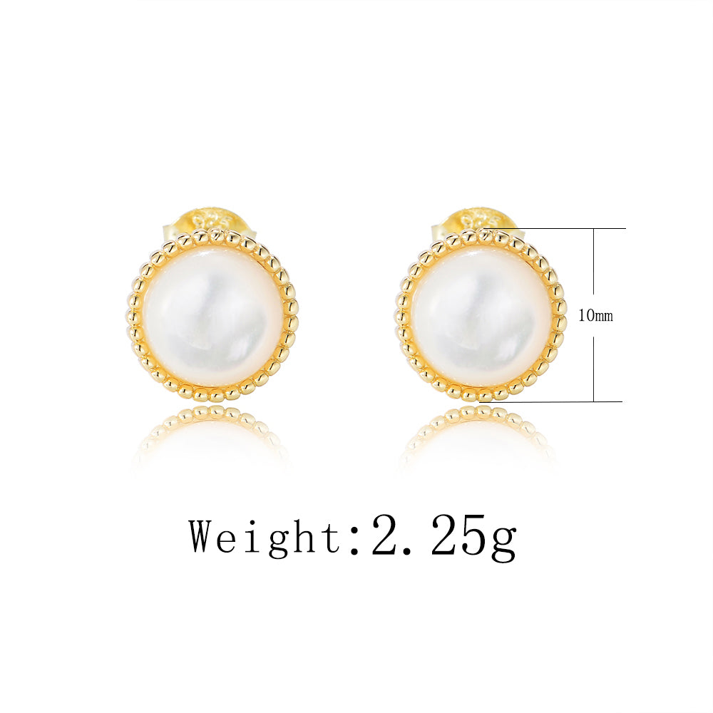 Classic 14K Gold Plated 925 Sterling Silver Round Shell Pearl Stud Earrings