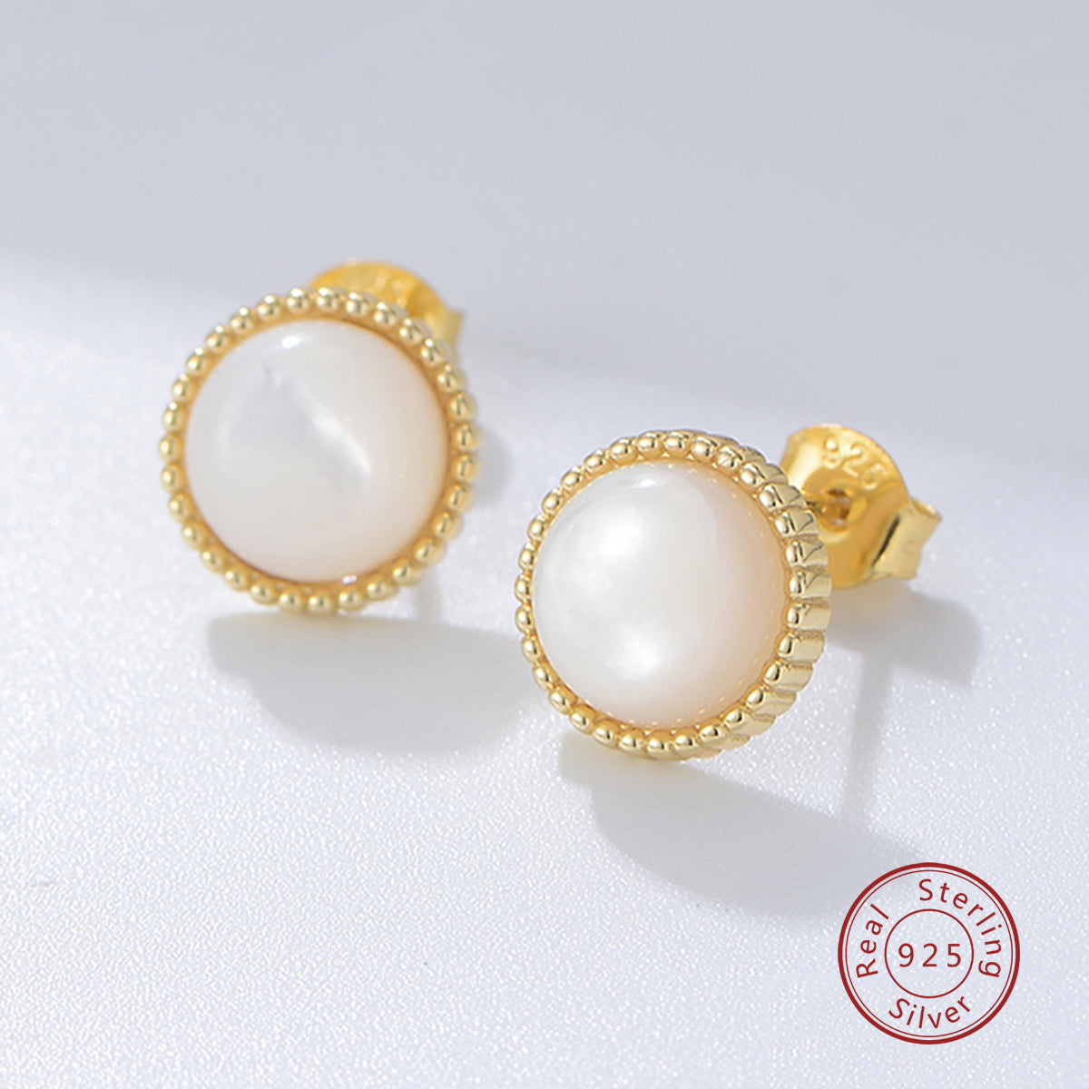 Classic 14K Gold Plated 925 Sterling Silver Round Shell Pearl Stud Earrings