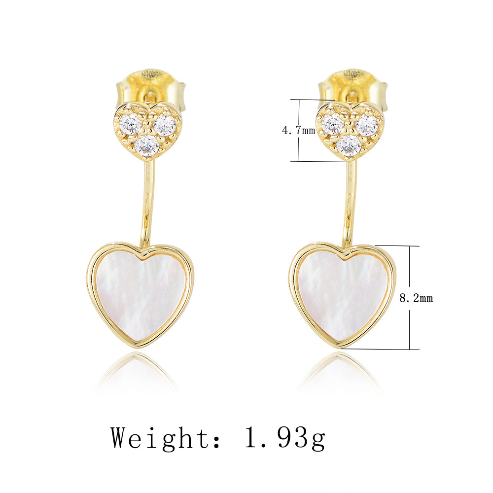 925 Silver Cubic Zircon Gold Plated Heart Shell Pearl Charm Stud Earrings