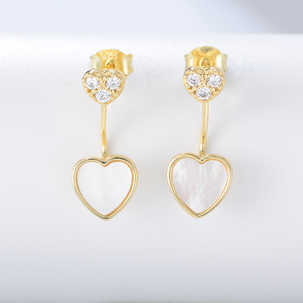 925 Silver Cubic Zircon Gold Plated Heart Shell Pearl Charm Stud Earrings