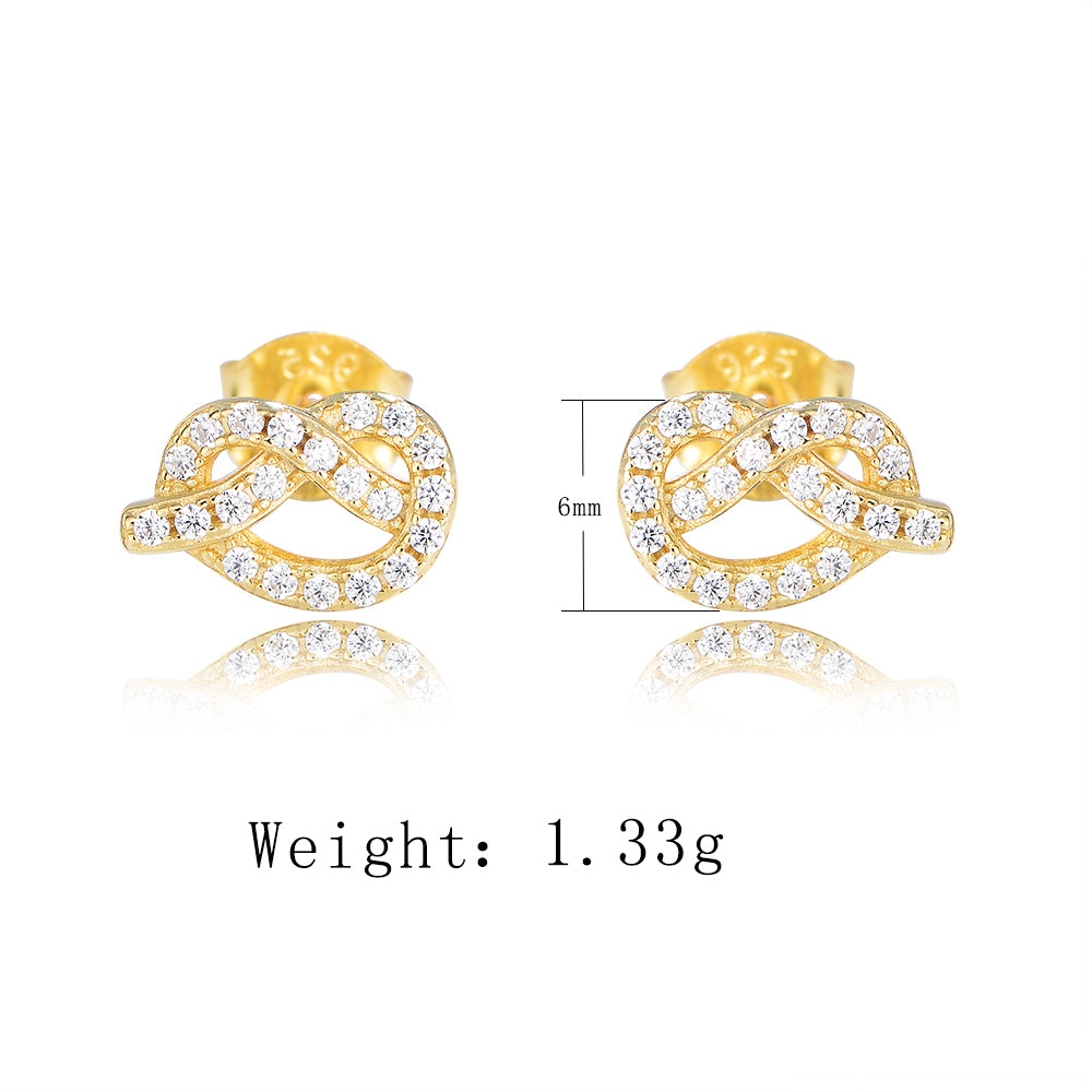 Fashion Jewelry Gold Plated Diamond Zircon Earrings 925 Sterling Silver Love Knot Charm Stud Earrings