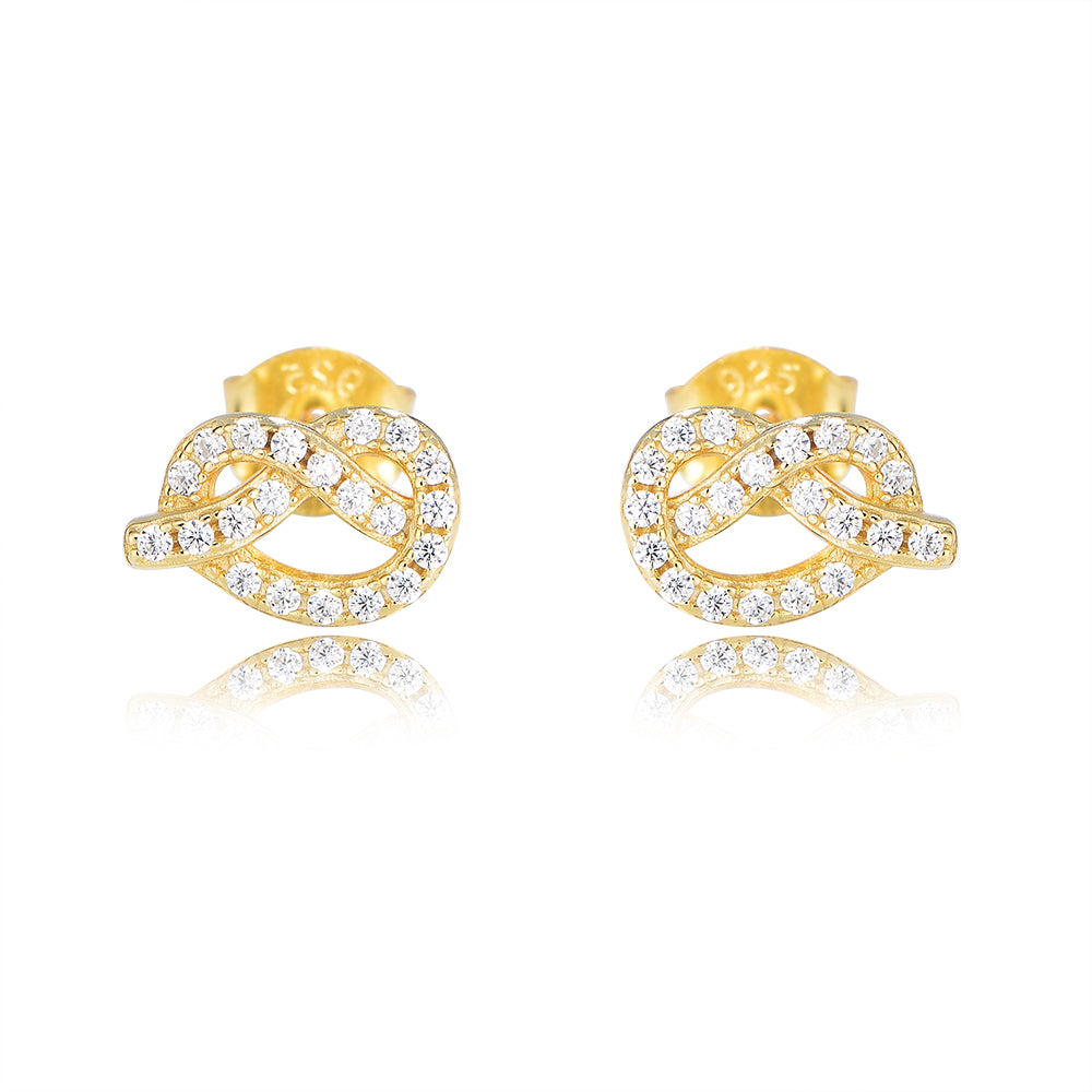 Fashion Jewelry Gold Plated Diamond Zircon Earrings 925 Sterling Silver Love Knot Charm Stud Earrings