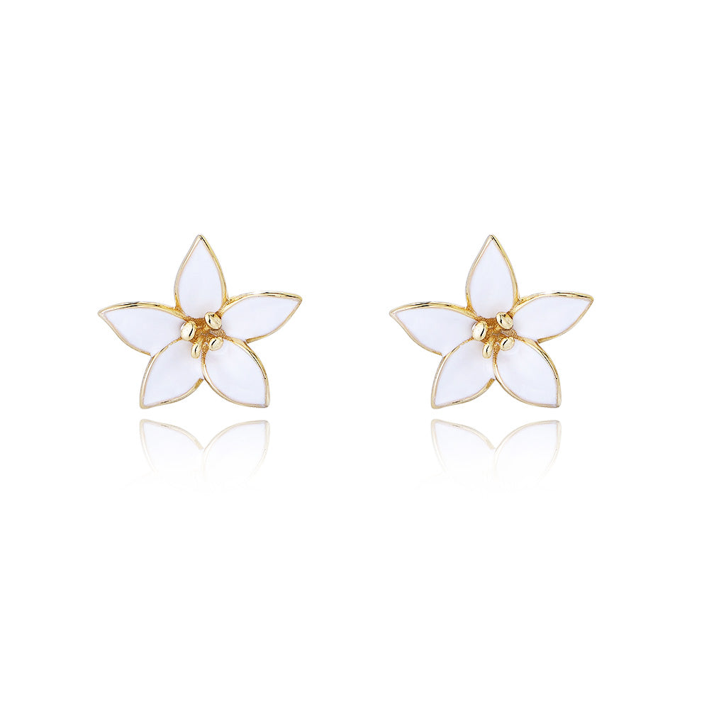 925 Silver Gold Plated White Enamel Flower Earring