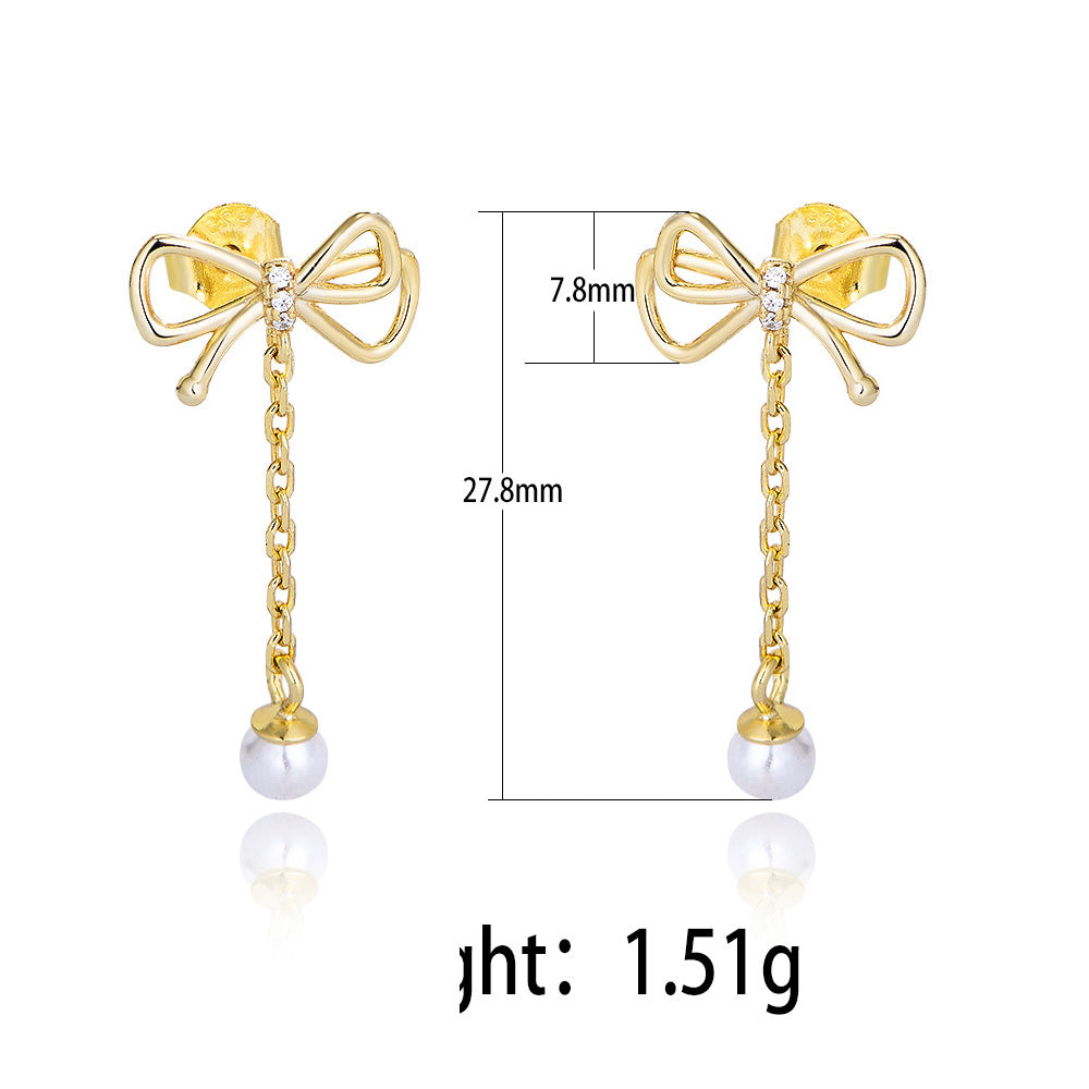 Gold Plated 925 Sterling Silver Bow Tassel Chain Pearl Drop Earring