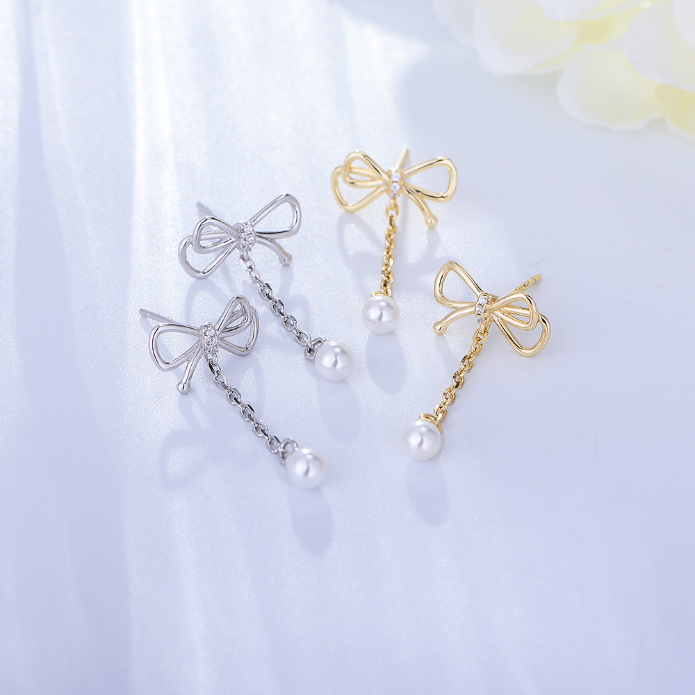 Bow Tassel Chain Pearl Drop Earring