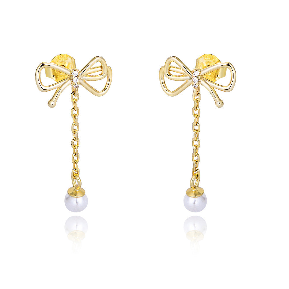 Gold Plated 925 Sterling Silver Bow Tassel Chain Pearl Drop Earring