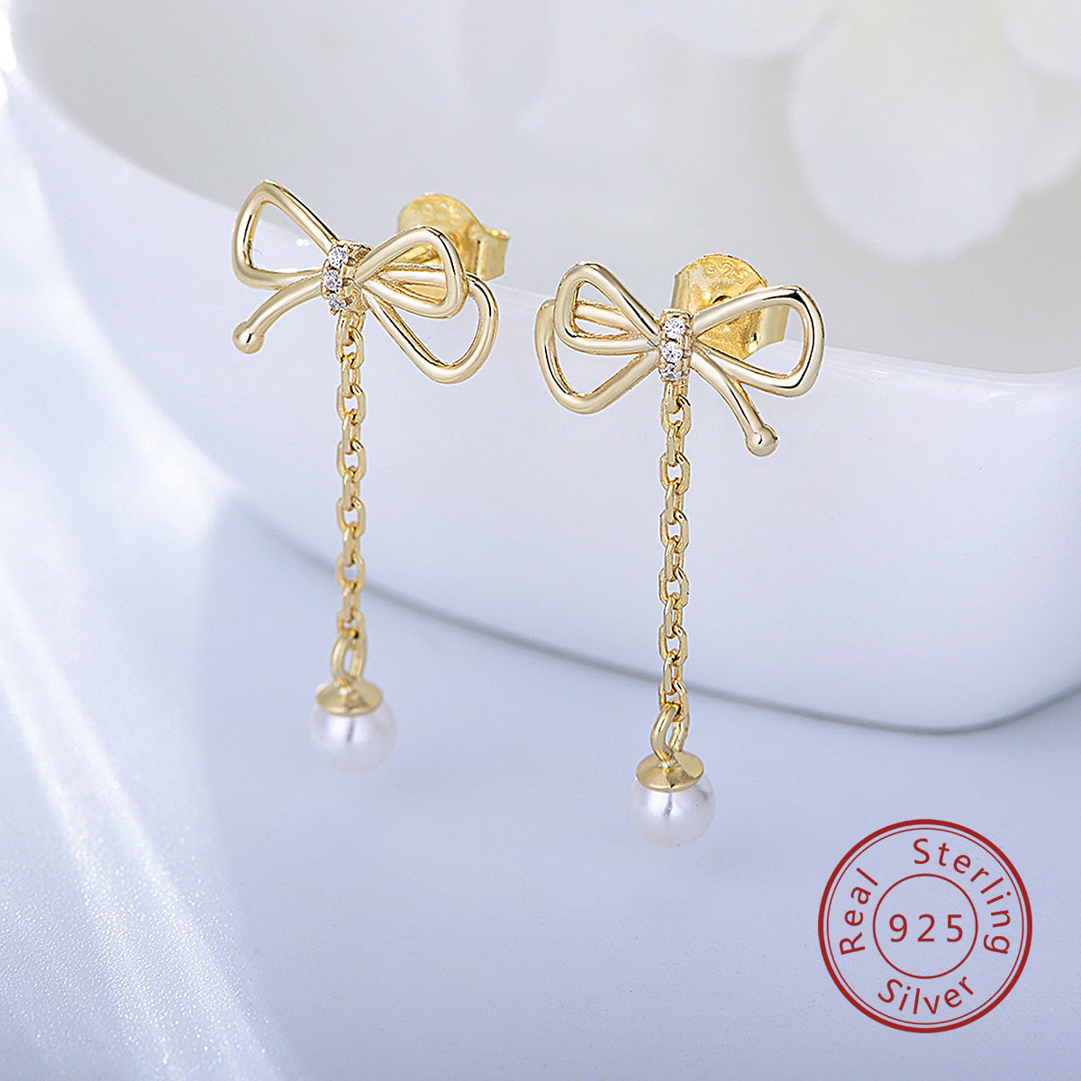 Bow Tassel Chain Pearl Drop Earring