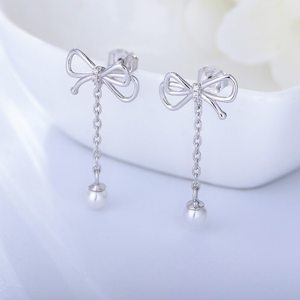 Bow Tassel Chain Pearl Drop Earring