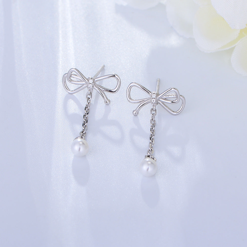 Bow Tassel Chain Pearl Drop Earring