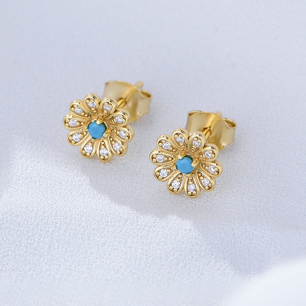 Fashion 925 Silver Turquoise Dainty Blooming Flower Stud Earring Jewelry