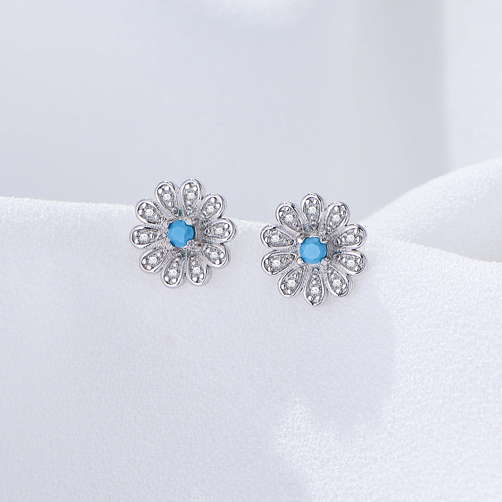Fashion 925 Silver Turquoise Dainty Blooming Flower Stud Earring Jewelry