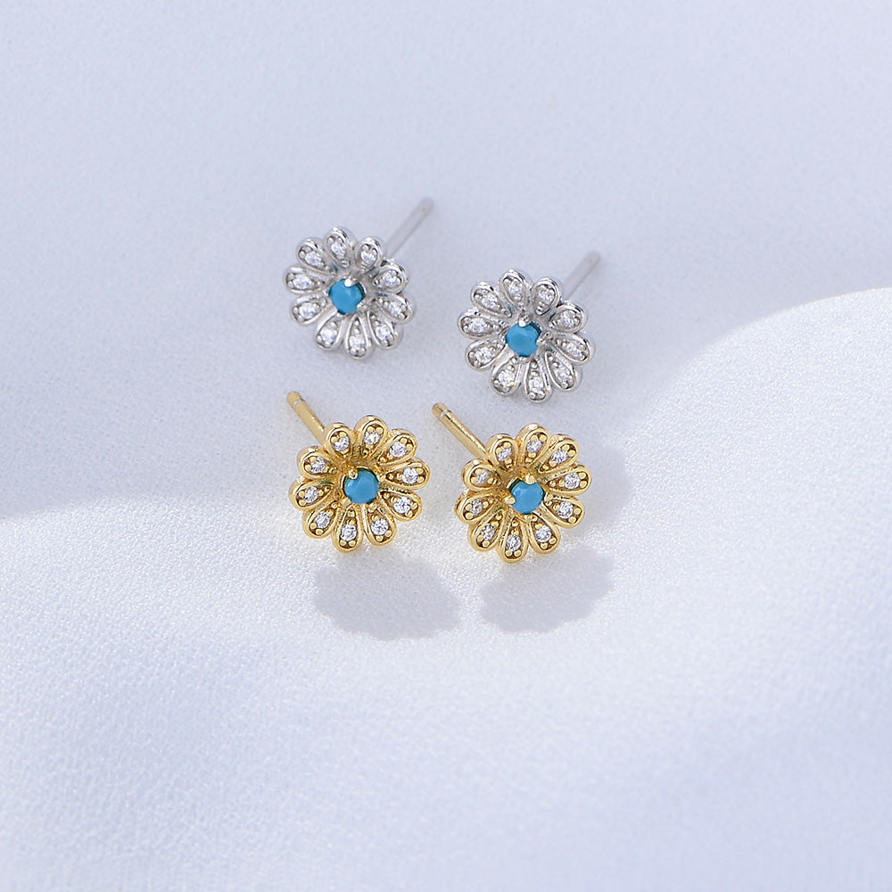 Fashion 925 Silver Turquoise Dainty Blooming Flower Stud Earring Jewelry