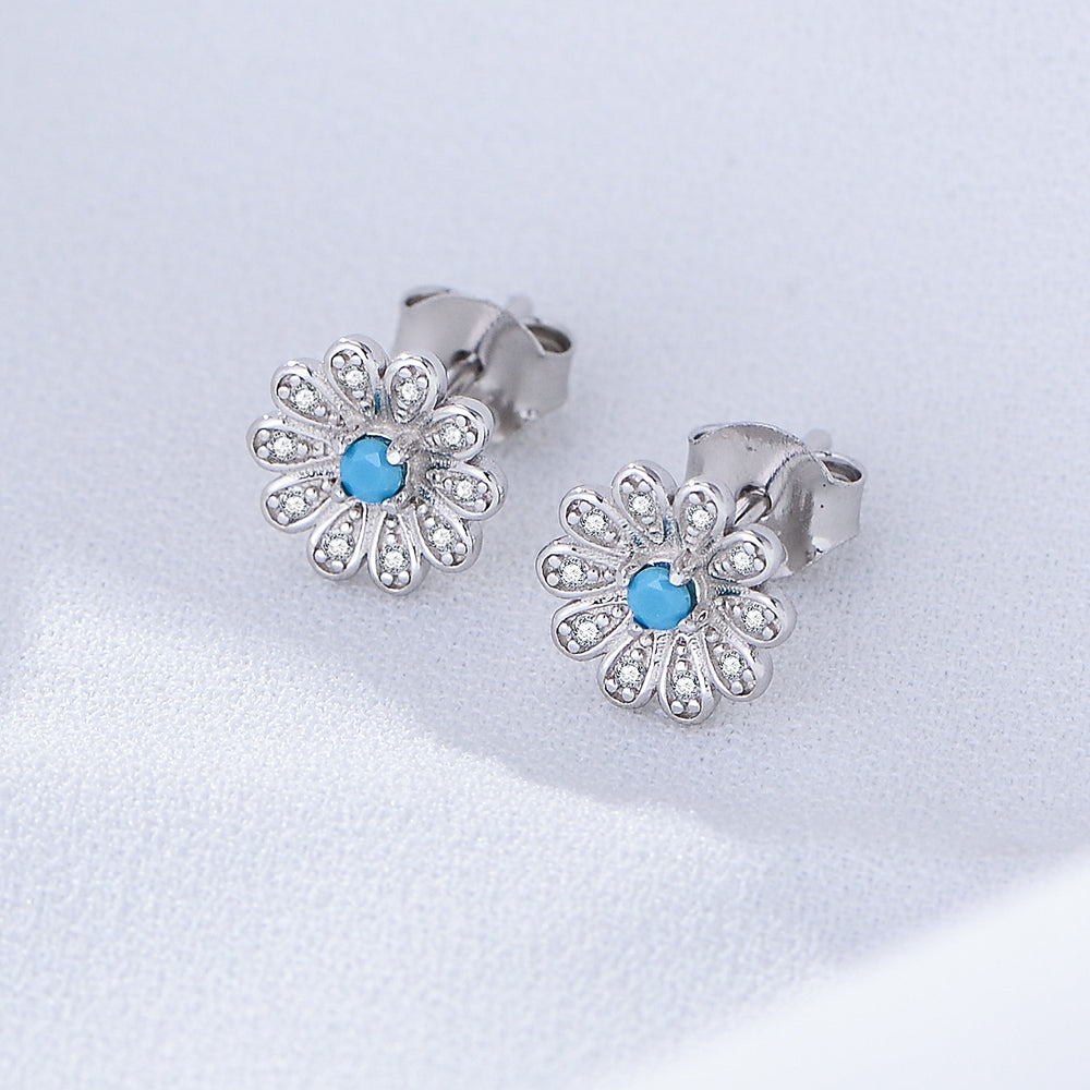 Fashion 925 Silver Turquoise Dainty Blooming Flower Stud Earring Jewelry