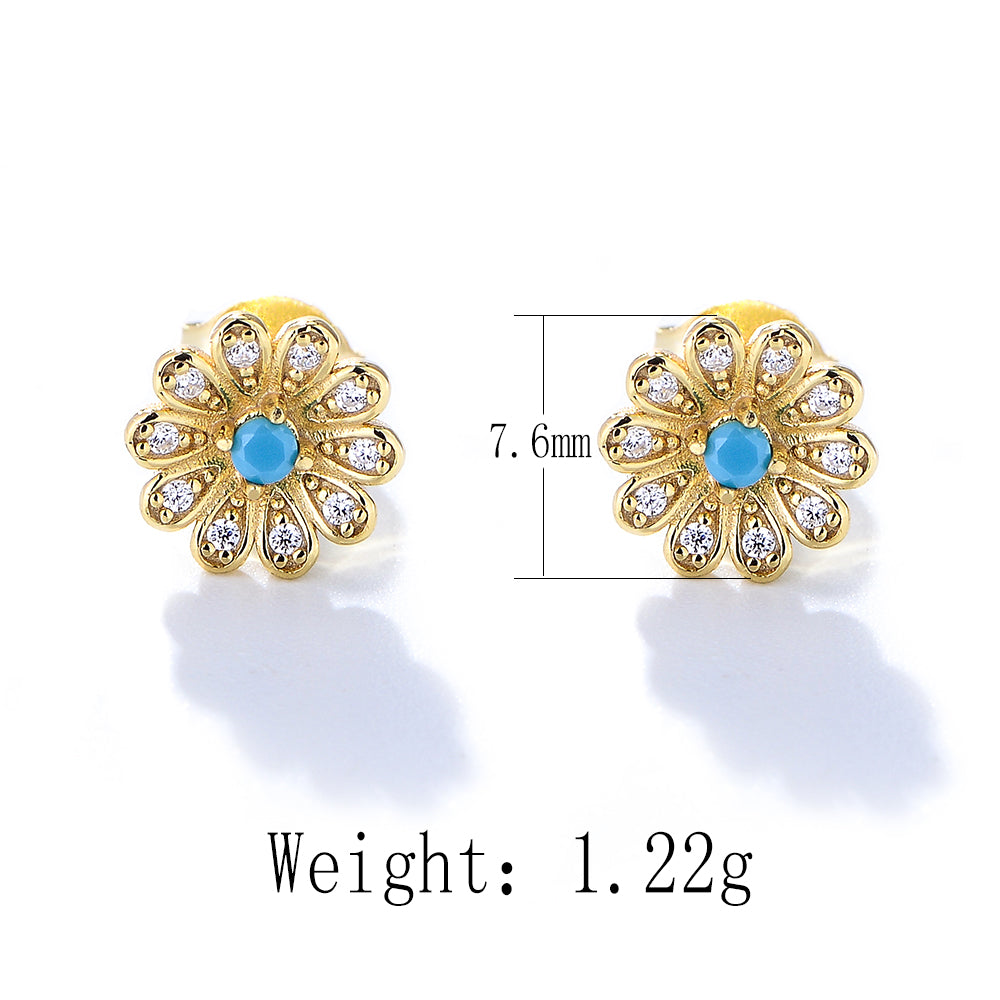 Fashion 925 Silver Turquoise Dainty Blooming Flower Stud Earring Jewelry