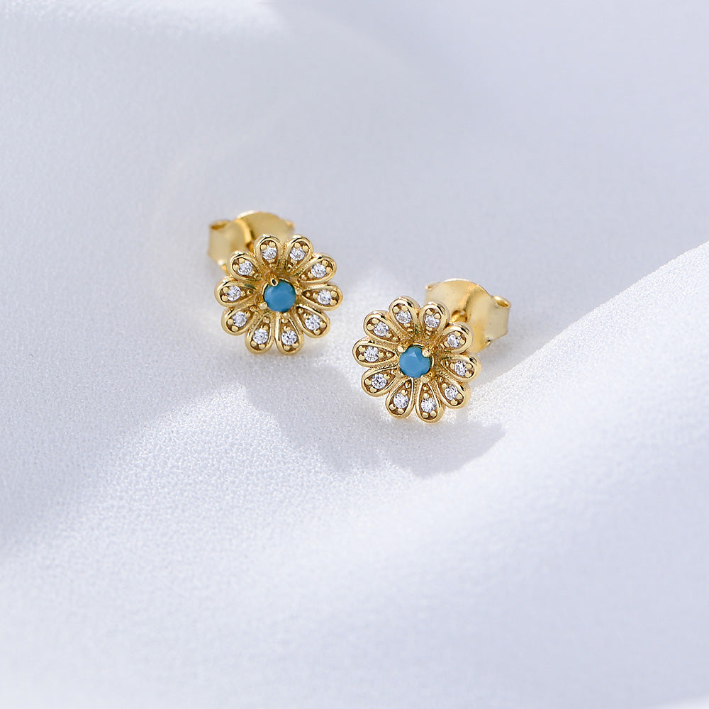 Fashion 925 Silver Turquoise Dainty Blooming Flower Stud Earring Jewelry