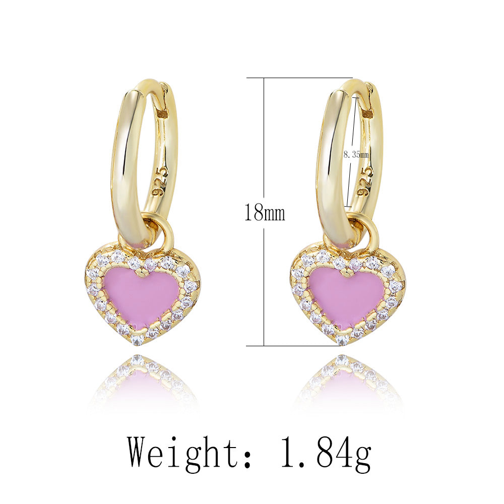 S925 Sterling Silver CZ Zircon Pink Enamel Earrings 14k 18K Gold Plating Heart love Drop Earrings