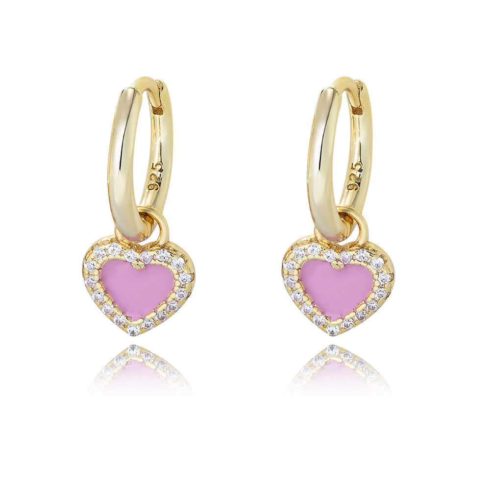 S925 Sterling Silver CZ Zircon Pink Enamel Earrings 14k 18K Gold Plating Heart love Drop Earrings