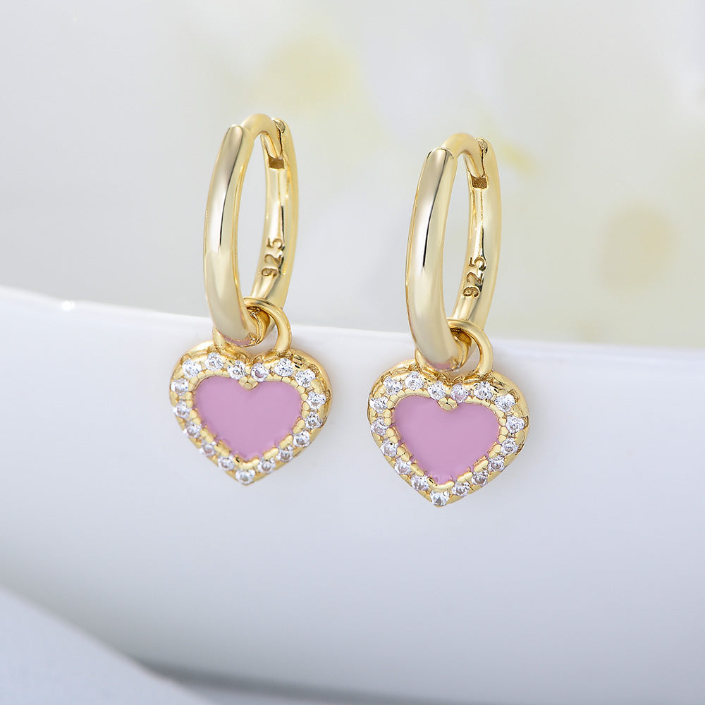 CZ Zircon Pink Enamel Earrings 14k 18K Gold Plating Heart love Drop Earrings